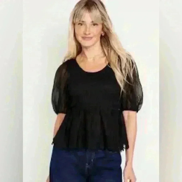NWT Old Navy Chiffon Smocked Puffed Sleeve Top ~ Black ~ XL - Picture 1 of 8